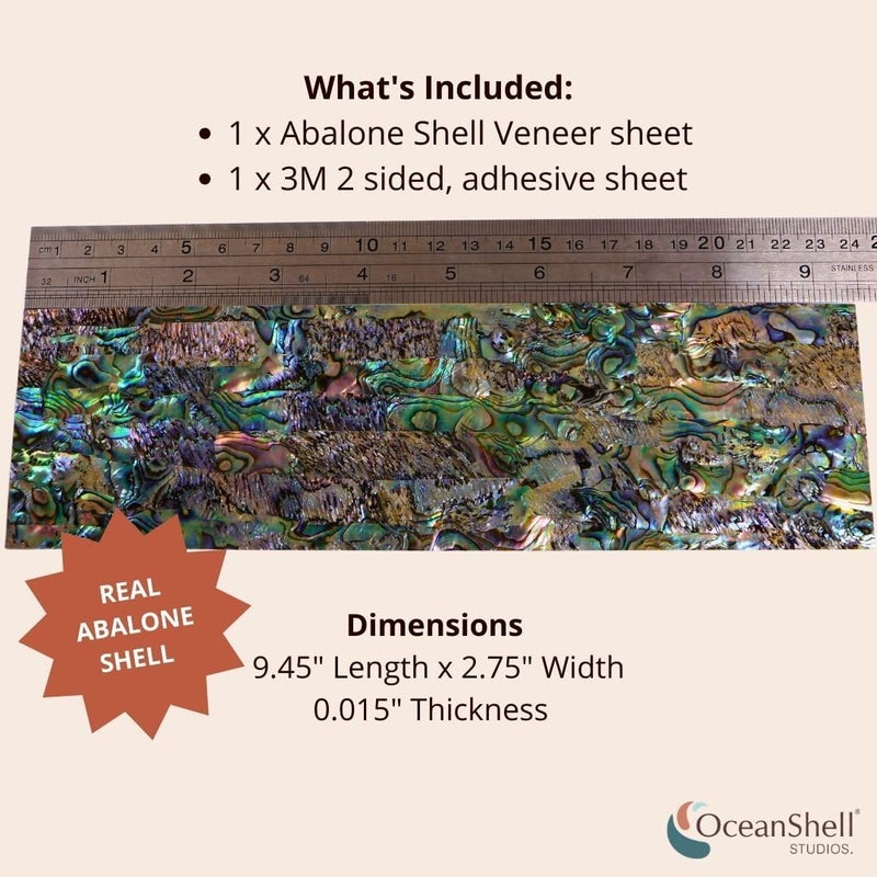 Ocean Shell Studios. Abalone Shell Inlay Veneer for DIY or Professional Inlay Embellishments - Sustainable New Zealand Paua Opal- With 3M Double Sided Tape Backing - 9.45"X2.75" - Image 2
